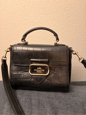 Coach Black Croc-Embossed Leather Satchel with Gold Hardware